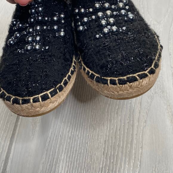 Tory Burch Womens Black Willa Tweed Pearl Logo Espadrille Slip On Flats Size 7.5 - Picture 6 of 10